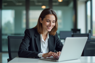Jeune femme professionnelle souriante au bureau moderne