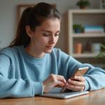 Jeune femme en jeans et pull bleu code sur smartphone