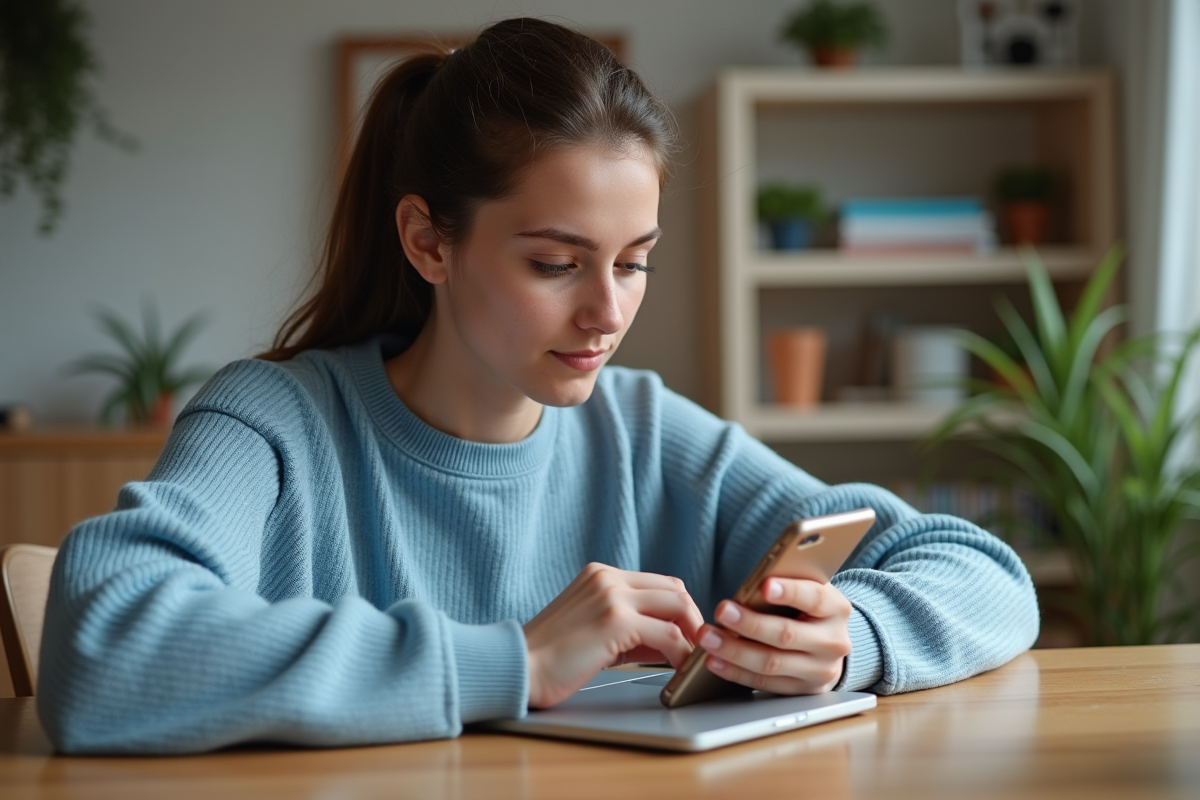 Jeune femme en jeans et pull bleu code sur smartphone