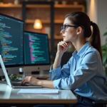 Jeune femme en coworking avec ordinateur et livres de programmation