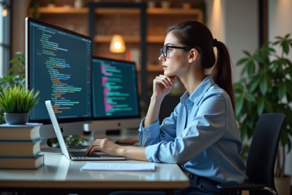 Jeune femme en coworking avec ordinateur et livres de programmation