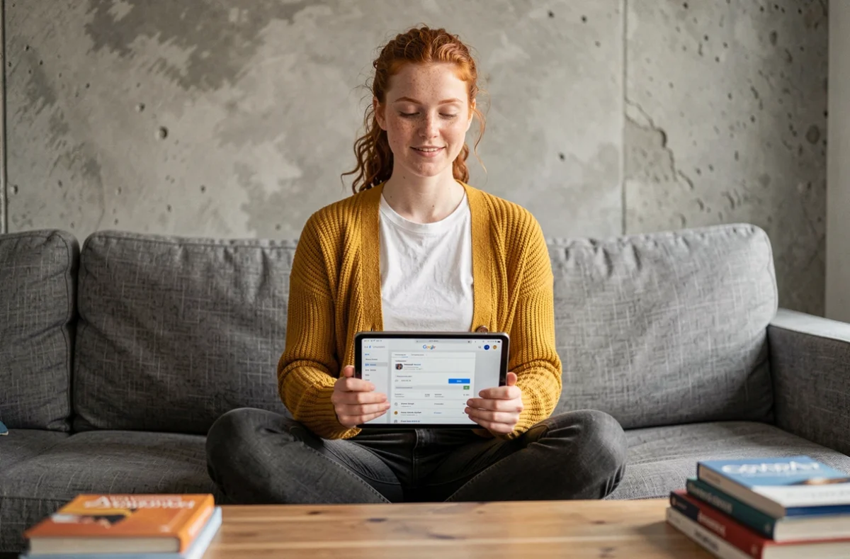 Jeune femme gérant ses données personnelles Google Mon Activité sur une tablette dans son salon