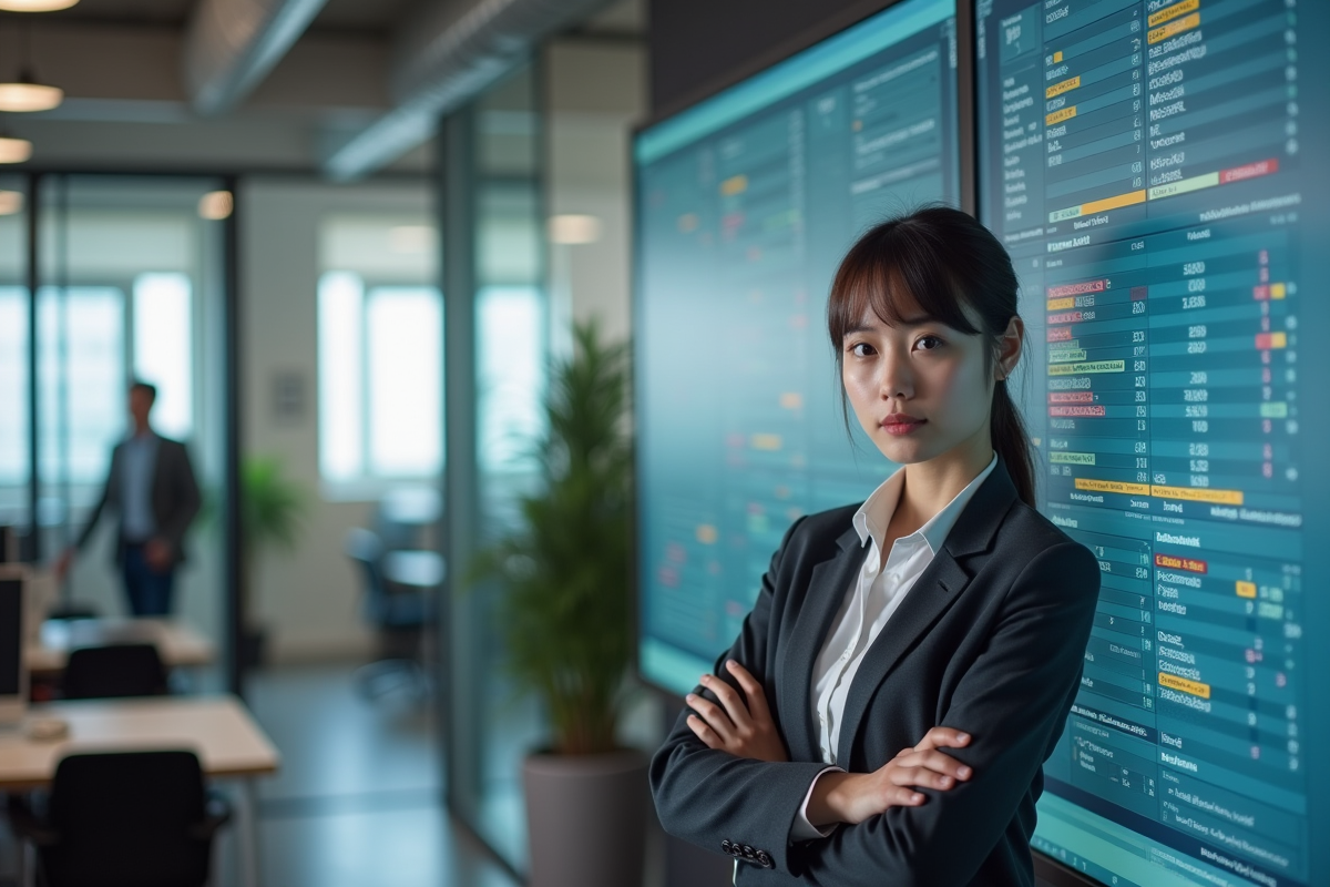 Jeune femme professionnelle face à un écran Excel coloré