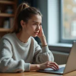 Jeune femme concentrée devant un ordinateur à la maison