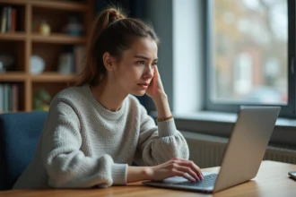 Jeune femme concentrée devant un ordinateur à la maison