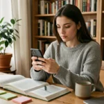 Jeune femme révisant ses cours en utilisant ChatGPT sur WhatsApp depuis son bureau à domicile entouré de livres et de notes