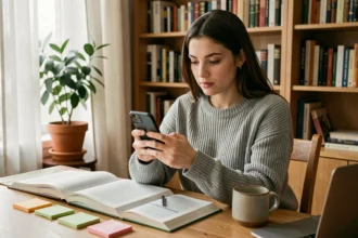 Jeune femme révisant ses cours en utilisant ChatGPT sur WhatsApp depuis son bureau à domicile entouré de livres et de notes