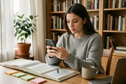 Jeune femme révisant ses cours en utilisant ChatGPT sur WhatsApp depuis son bureau à domicile entouré de livres et de notes