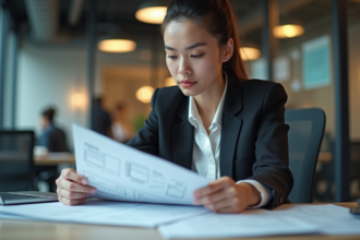 Femme concentrée examinant un rapport UX dans un bureau moderne
