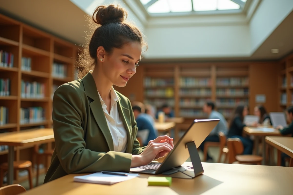 Jeune femme consultant et organisant sa boîte Zimbra AgroParisTech sur tablette dans une bibliothèque universitaire