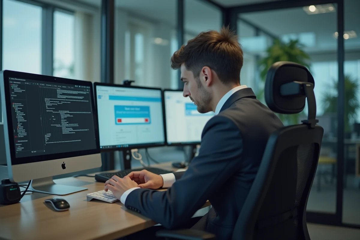 Jeune homme en costume face à un problème de messagerie