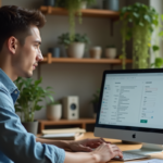 Jeune homme concentré travaillant sur son ordinateur dans un bureau chaleureux