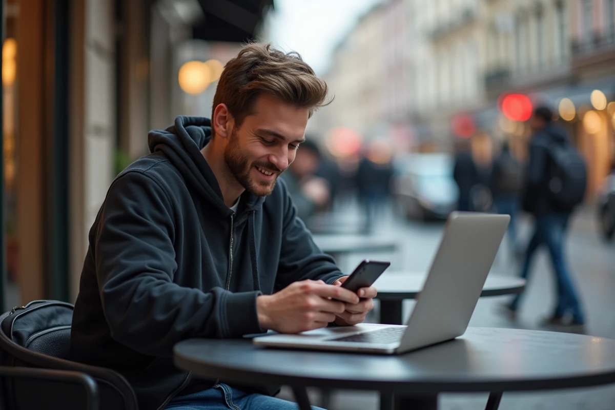 Jeune homme utilisant son smartphone dans un café en extérieur