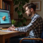 Jeune homme en création 3D dans un bureau chaleureux