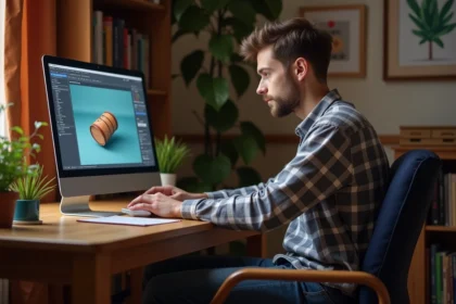Jeune homme en création 3D dans un bureau chaleureux