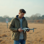 Jeune homme préparant un drone dans un champ ouvert