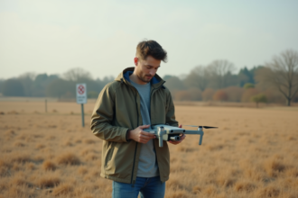 Jeune homme préparant un drone dans un champ ouvert