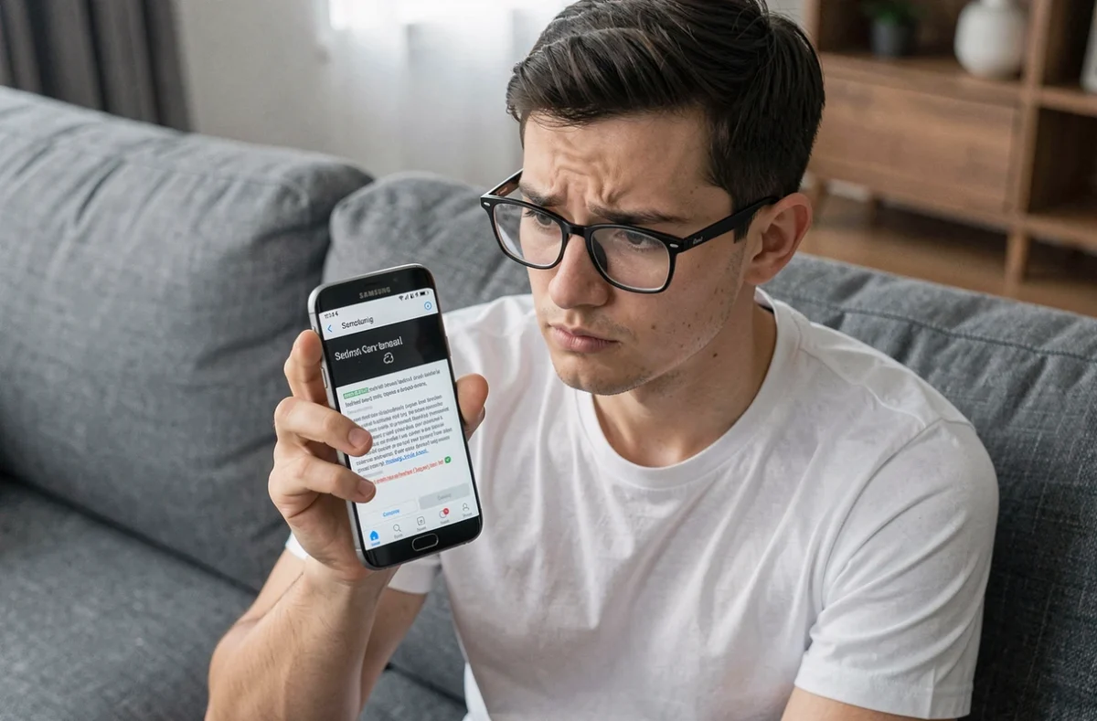 Jeune homme inspectant une capture d'écran d'un message d'erreur sur son Samsung Galaxy depuis son canapé pour contacter le service client