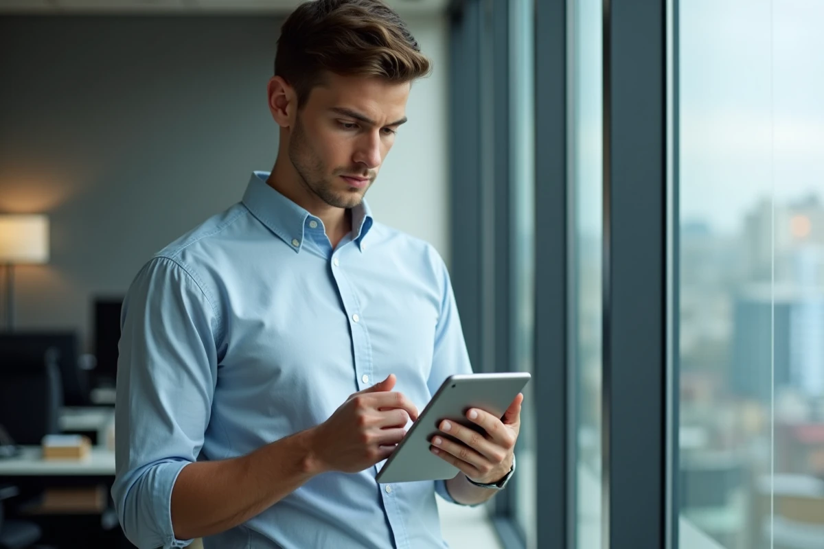 Jeune homme vérifiant ses e-mails sur une tablette dans un bureau