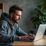 Jeune homme en hoodie examine un terminal sur son laptop