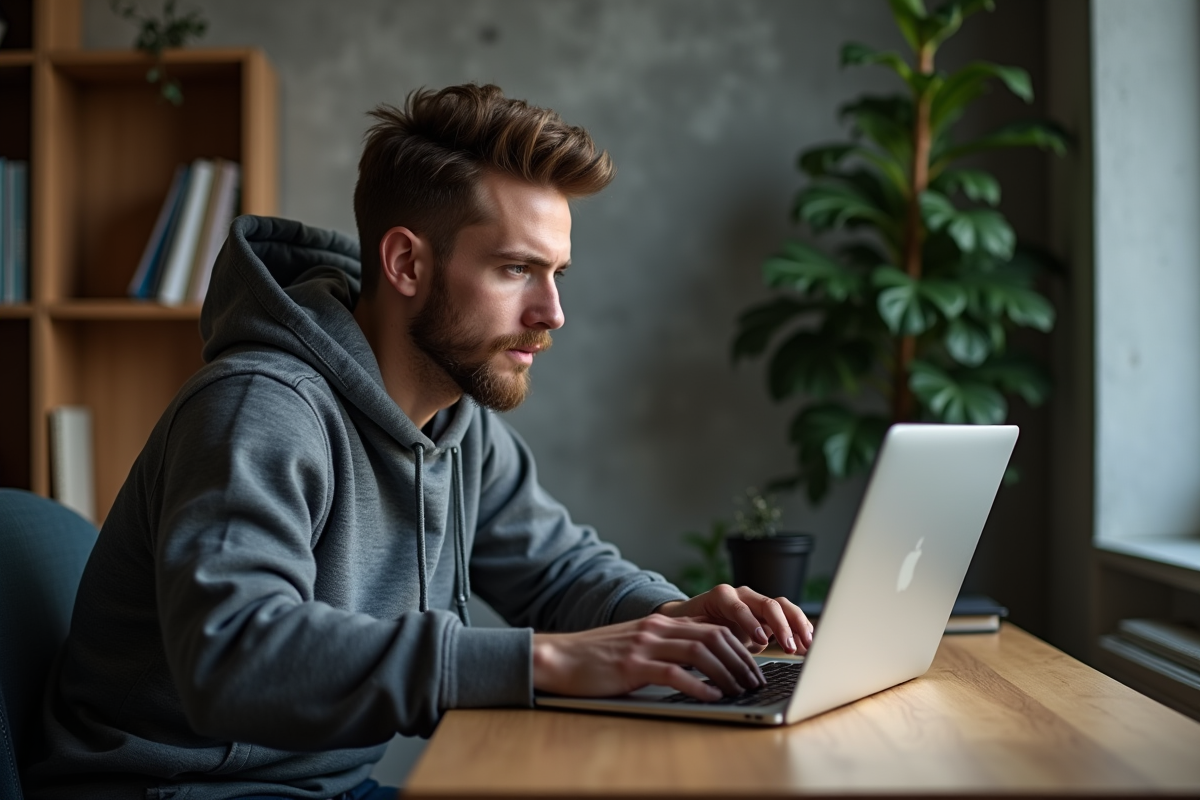 Jeune homme en hoodie examine un terminal sur son laptop