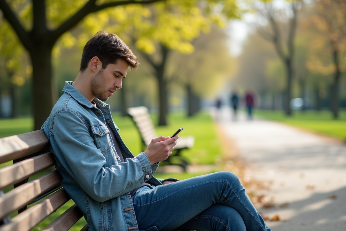 Jeune homme dans un parc en train de texter sur son téléphone
