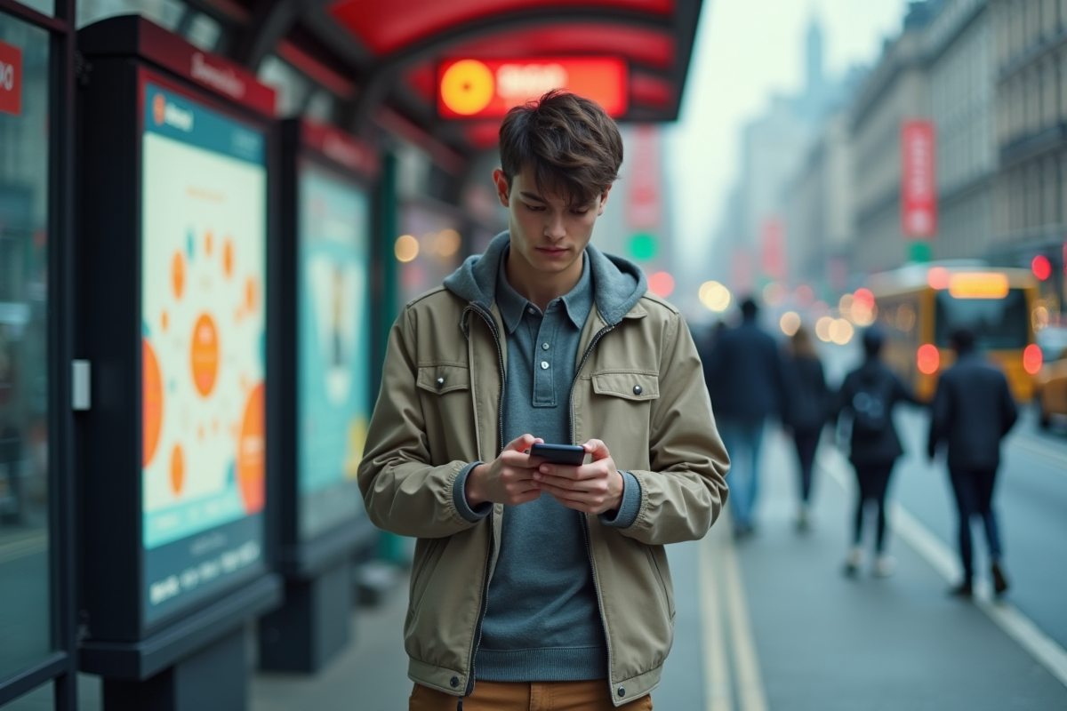 Jeune homme regardant son smartphone à un arrêt de bus en ville