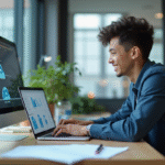Jeune professionnel souriant télécharge des fichiers sur le cloud