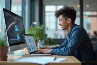Jeune professionnel souriant télécharge des fichiers sur le cloud