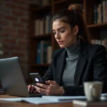 Journaliste utilisant un téléphone avec chiffrement PGP dans un bureau à domicile sécurisé