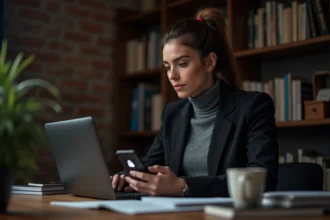 Journaliste utilisant un téléphone avec chiffrement PGP dans un bureau à domicile sécurisé