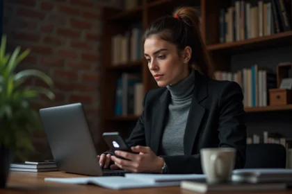 Journaliste utilisant un téléphone avec chiffrement PGP dans un bureau à domicile sécurisé