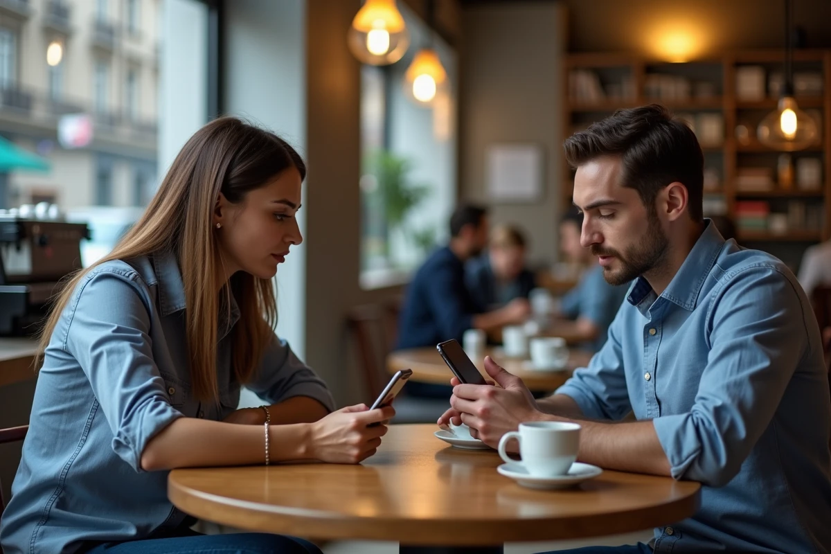 Deux journalistes vérifiant une clé PGP sur un téléphone dans un café discret