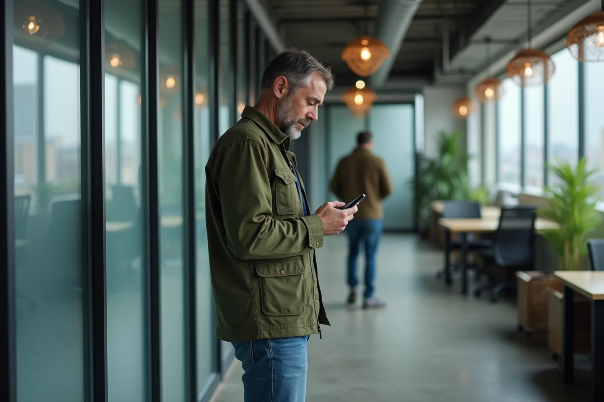 Lanceur d'alerte lisant des messages chiffrés PGP sur smartphone dans un espace de coworking