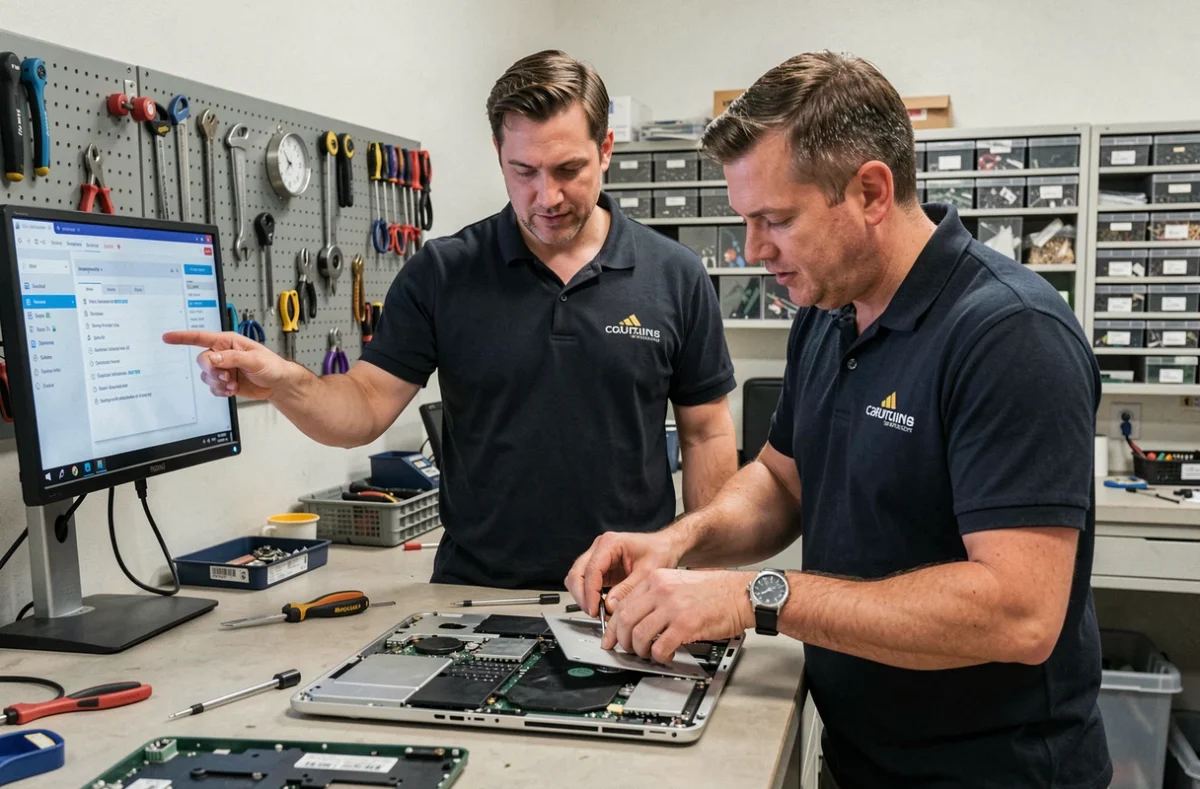 Deux techniciens MAD Informatique collaborant sur la réparation d'un ordinateur portable dans leur atelier