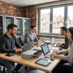 Équipe de techniciens informatiques collaborant dans un bureau moderne du Haut-Rhin, avec serveurs et équipements réseau