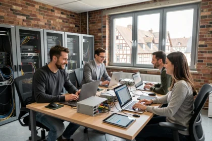 Équipe de techniciens informatiques collaborant dans un bureau moderne du Haut-Rhin, avec serveurs et équipements réseau