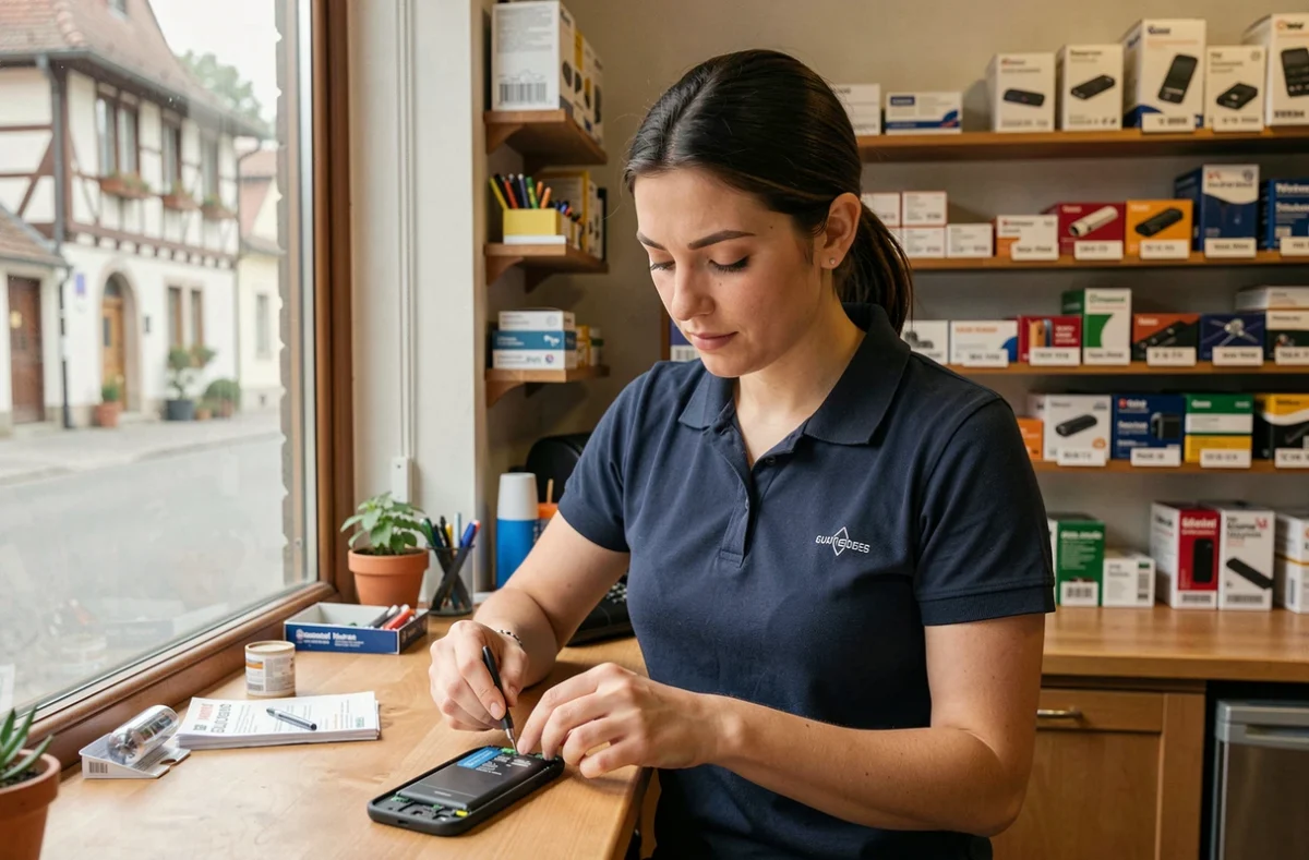 Technicienne de La Maison du Smartphone réparant un téléphone dans sa boutique à Cernay