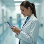 Professionnelle de santé du CHU de Reims configurant sa messagerie Zimbra sur smartphone Android dans un couloir hospitalier