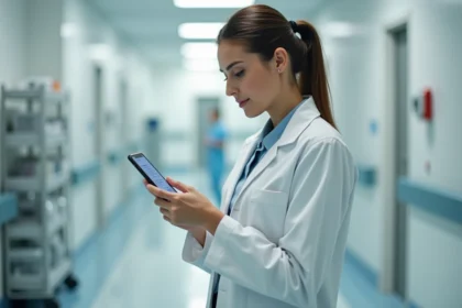 Professionnelle de santé du CHU de Reims configurant sa messagerie Zimbra sur smartphone Android dans un couloir hospitalier