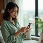 Femme tenant un iPhone récent avec iOS dans un salon moderne, illustrant le meilleur iPhone 2026