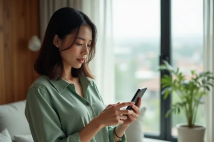 Femme tenant un iPhone récent avec iOS dans un salon moderne, illustrant le meilleur iPhone 2026