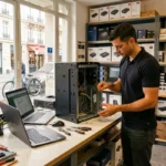 Atelier de réparation informatique en Île-de-France avec technicien au travail sur ordinateur