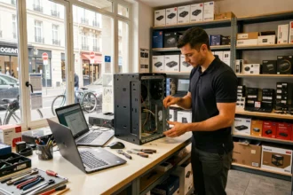 Atelier de réparation informatique en Île-de-France avec technicien au travail sur ordinateur