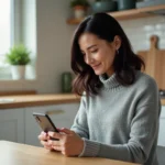 Mère dans la quarantaine utilisant un Google Pixel 6a dans sa cuisine, ambiance familiale chaleureuse