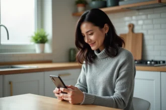 Mère dans la quarantaine utilisant un Google Pixel 6a dans sa cuisine, ambiance familiale chaleureuse