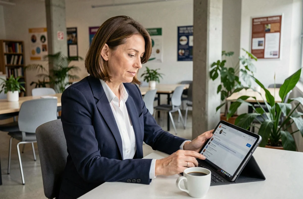 Personnel de l'éducation nationale consultant sa messagerie webmail académique Toulouse sur une tablette dans un espace commun scolaire