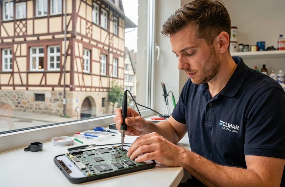Technicien O'Phone soudant un composant de smartphone dans son atelier au centre de Colmar