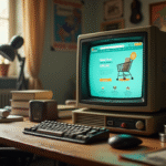 Ordinateur vintage sur bureau en bois affichant un site d'achat en ligne