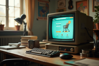 Ordinateur vintage sur bureau en bois affichant un site d'achat en ligne